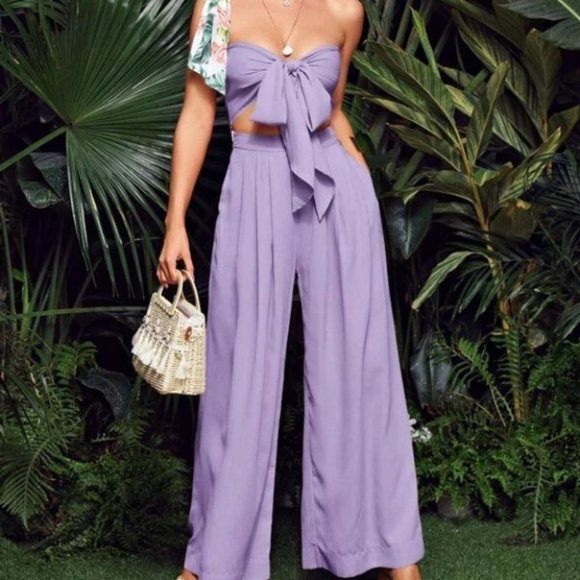 Tie Front Tube Top & Pleated Wide Leg Pants Set purple - Picture 2 of 5